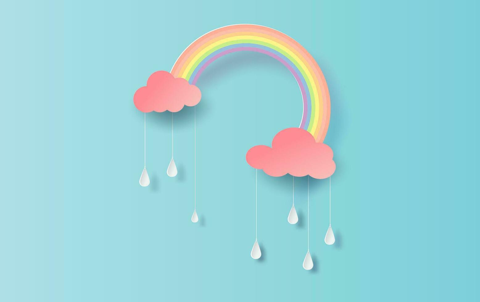 Illustration von Regenbogen im das regnerisch Jahreszeit. Papier Schnitt Design zum Wolken und Regenbogen im Regen zeit.kreativ Idee Papier Kunst durch Pastell- Farbe sauber und minimal Stil auf Blau Hintergrund. Vektor. Folge10. vektor