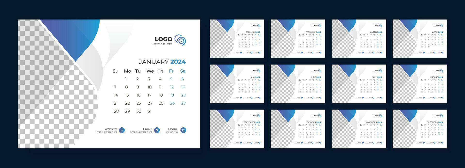 skrivbord kalender mall 2024 eller en gång i månaden varje vecka schema ny år kalender 2024 design mall. vecka börjar på söndag. vektor
