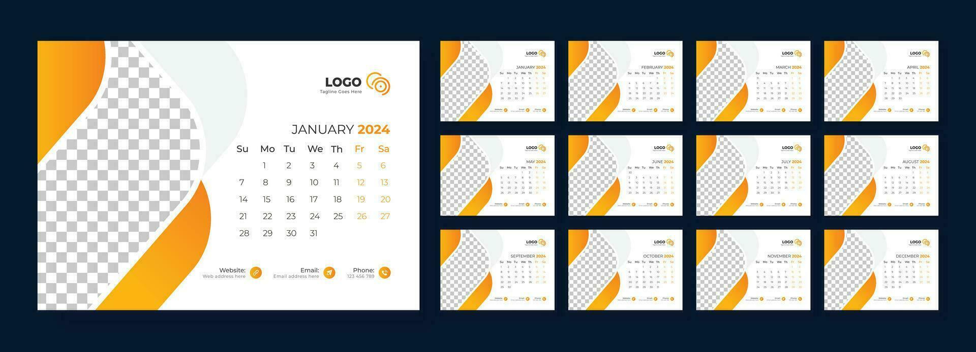 skrivbord kalender 2024 mall design, kontor kalender 2024, vecka börjar på söndag vektor