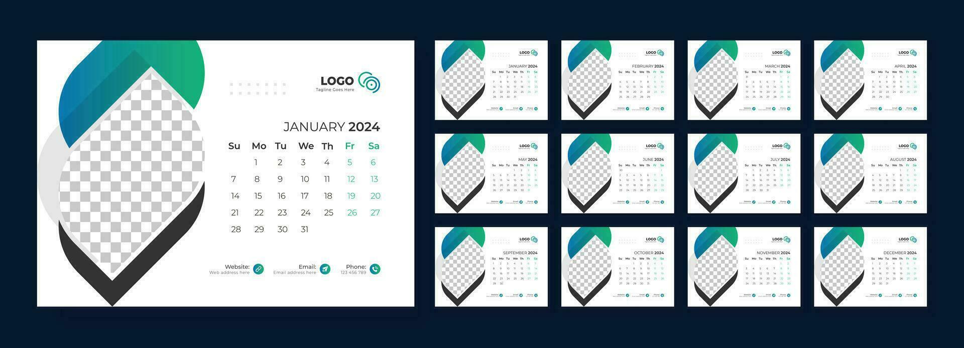 Schreibtisch Kalender 2024 Vorlage Design, Büro Kalender 2024, Woche beginnt auf Sonntag vektor