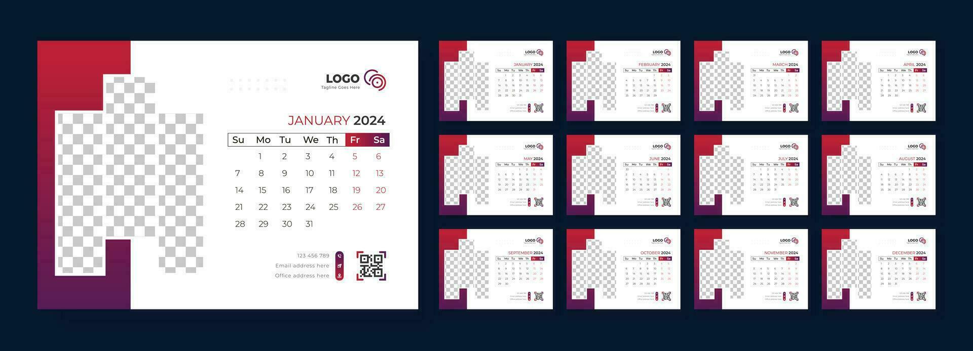 Schreibtisch Kalender Vorlage 2024, Vorlage zum jährlich Kalender 2024, Schreibtisch Kalender Kalender im ein minimalistisch Stil vektor