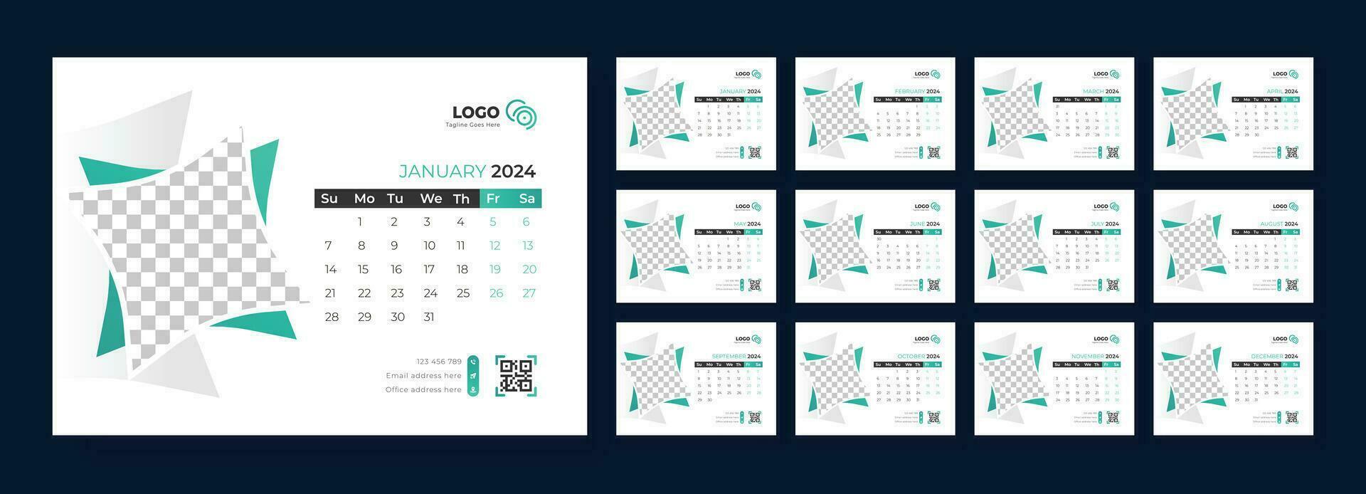 skrivbord kalender 2024 mall design, vecka börjar på söndag, kontor kalender 2024 vektor