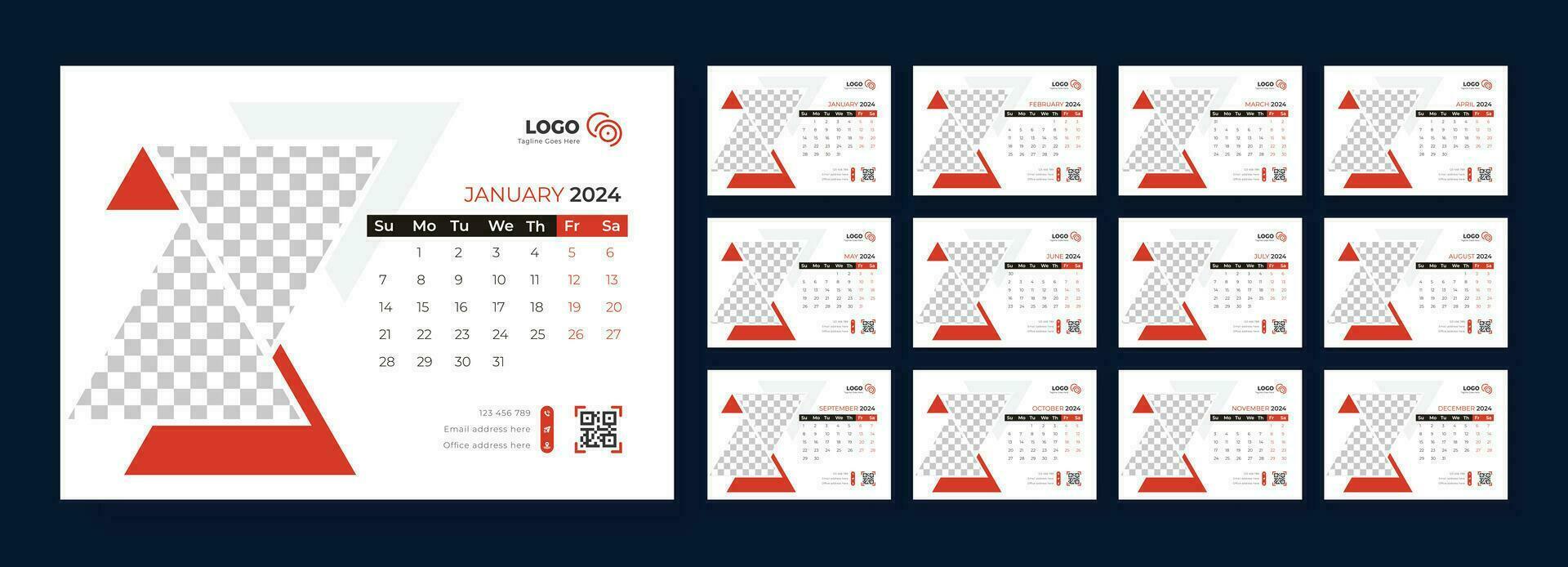 Schreibtisch Kalender Vorlage 2024. Kalender 2024 Planer korporativ Vorlage Design Satz. Vorlage zum jährlich Kalender 2024. Woche beginnt auf Sonntag. vektor