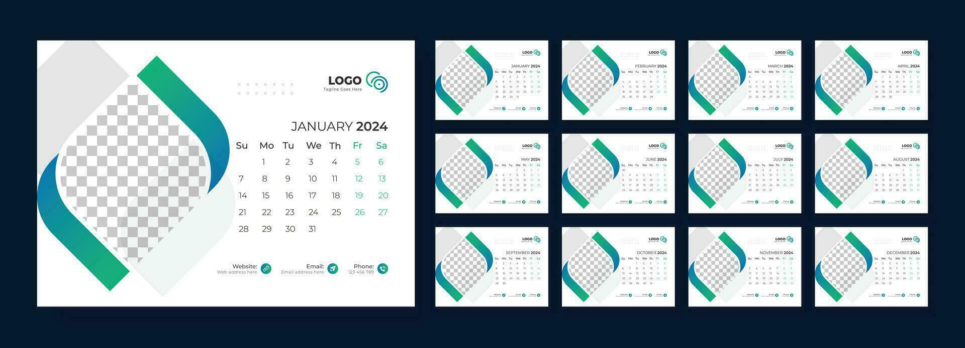 skrivbord kalender 2024. mall för årlig kalender 2024. skrivbord kalender kalender i en minimalistisk stil. vektor