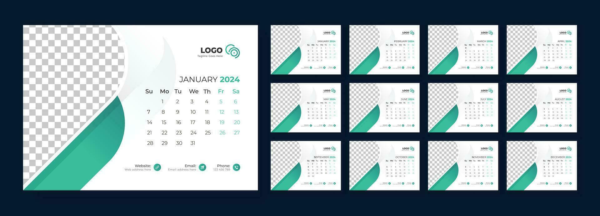 skrivbord kalender mall 2024. kalender 2024 planerare företags- mall design uppsättning. mall för årlig kalender 2024. vecka börjar på söndag. vektor