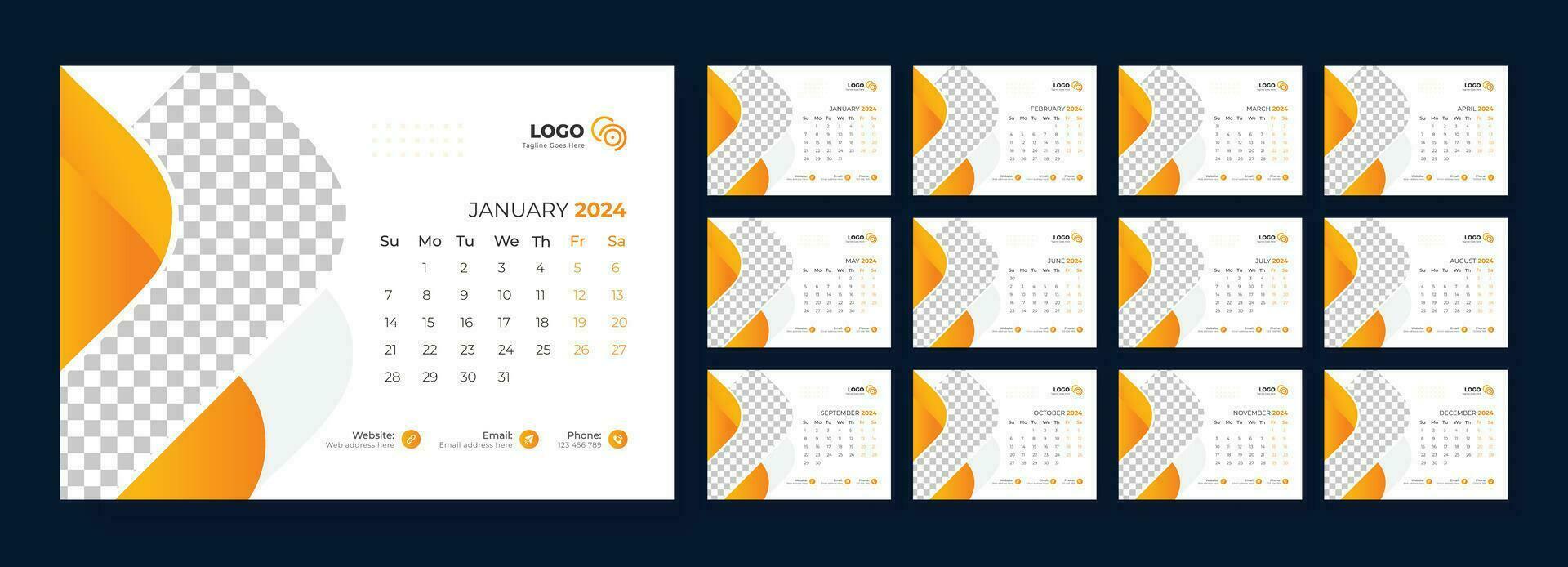 skrivbord kalender 2024. mall för årlig kalender 2024. skrivbord kalender kalender i en minimalistisk stil. vektor