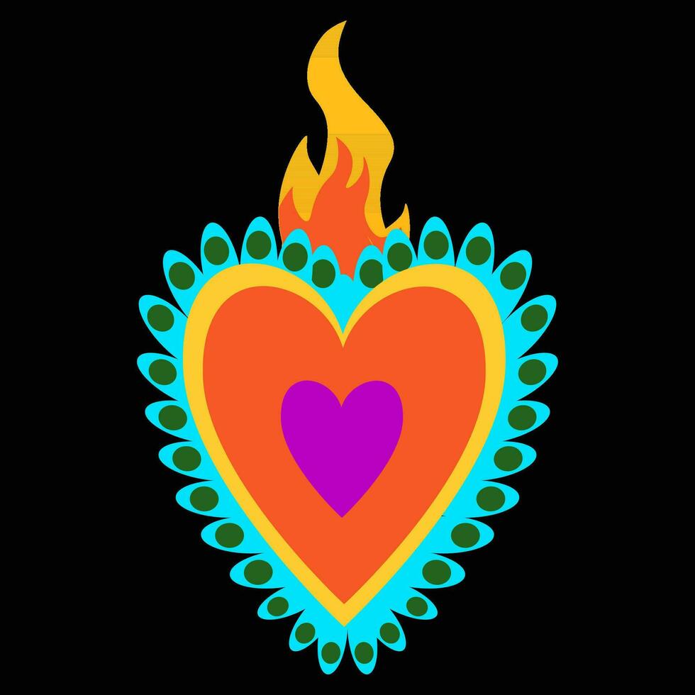 ethnisch Mexikaner Herz Stickerei mit Feuer auf schwarz Hintergrund vektor