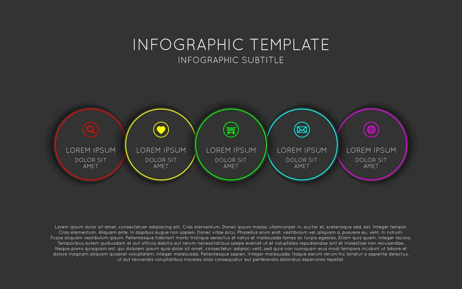 vektor infographic mall med fem mörka cirklar med färgade kanter och ikoner. modernt processschema på svart bakgrund