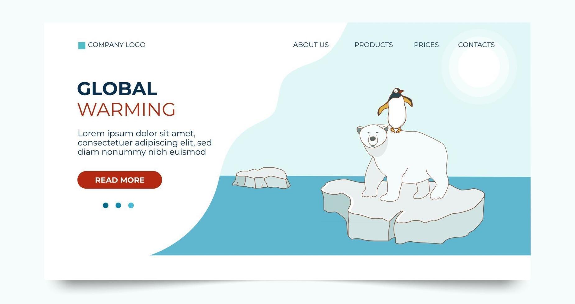 målsidesmall om global uppvärmning och klimatförändringar. en isbjörn med en pingvin på ryggen simmar på en isflak i Arktis. vektor illustration