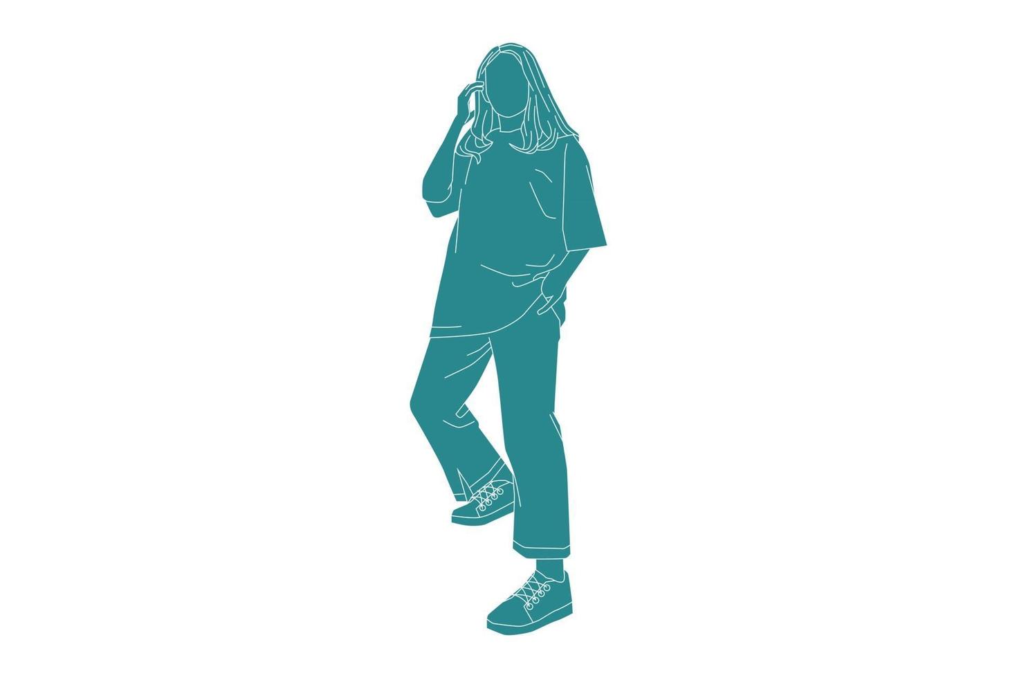 Vektor-Illustration einer lässigen Frau, die in ihrem T-Shirt posiert, flacher Stil mit Umriss vektor