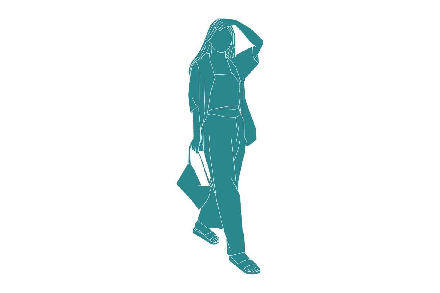 vektorillustration av avslappnad kvinna med sin miniväska, platt stil med konturer vektor