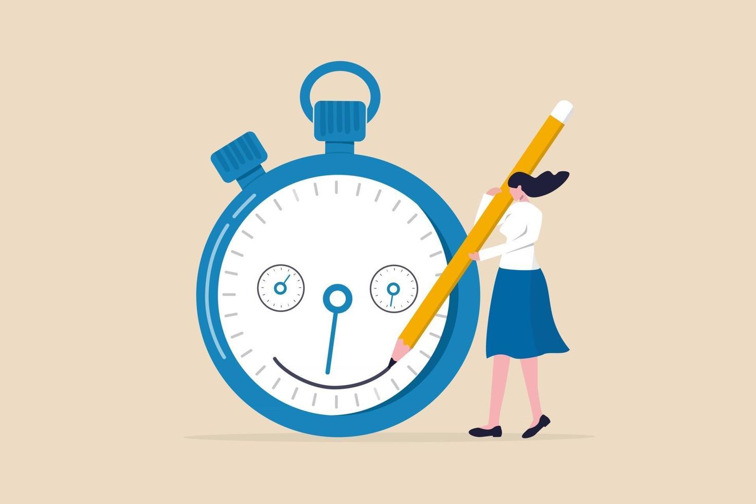 tidshantering, hantera projektets deadline, förbättra arbetseffektiviteten eller produktiviteten för att avsluta projektet i tidskoncept, glad entreprenörkvinna som drar leende ansikte i tid räknar ner tidklockan. vektor