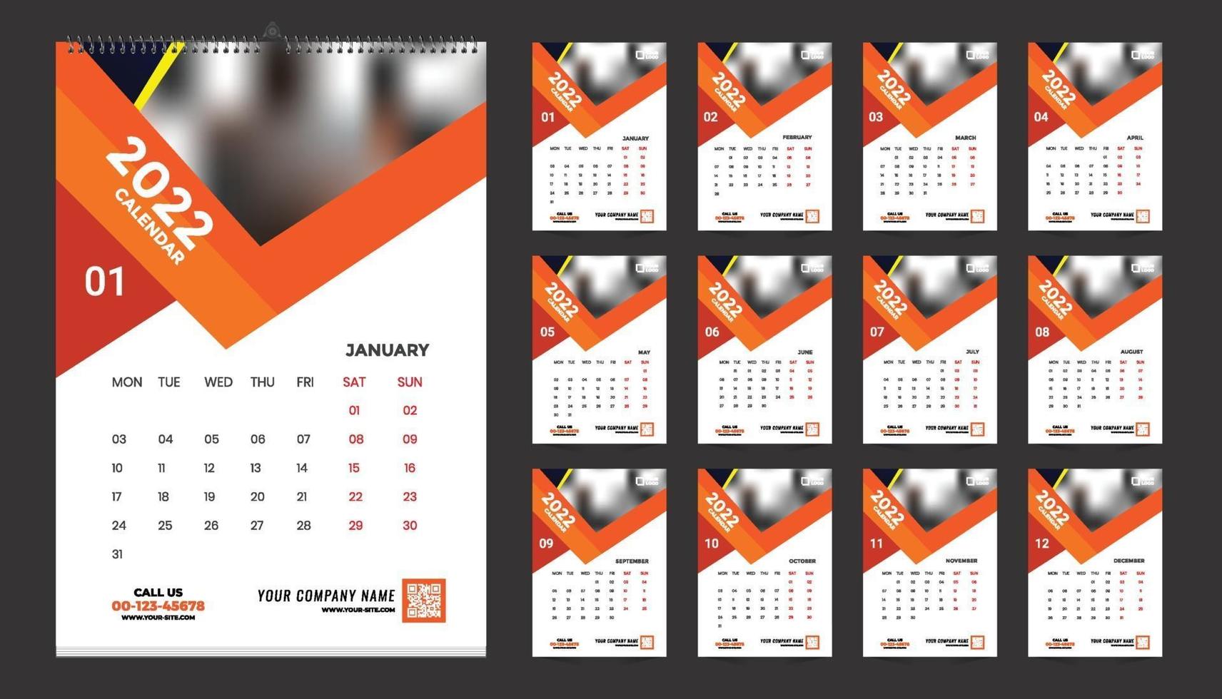 monatliches Wandkalender-Vorlagendesign für 2022, Jahr. Woche beginnt am Sonntag. Planer-Tagebuch mit Platz für Foto. vektor