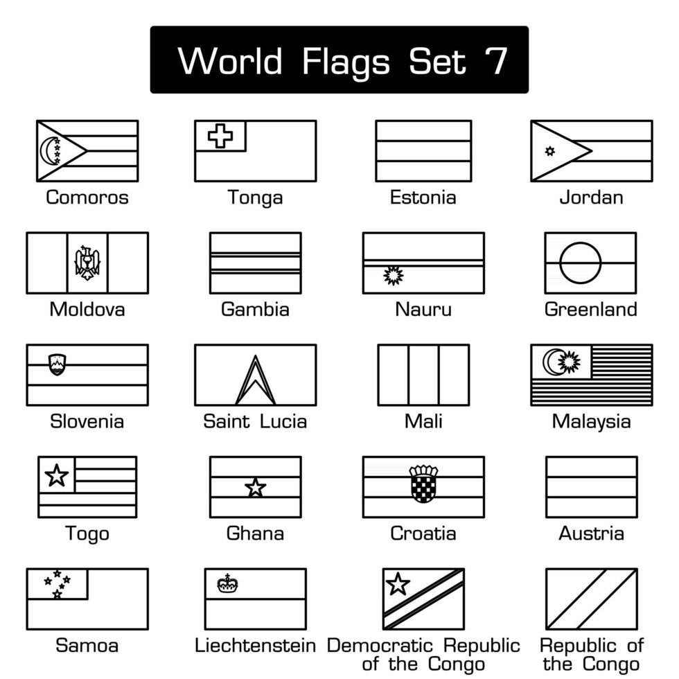 Weltflaggen gesetzt 7. einfacher Stil und flaches Design. dicker Umriss. vektor