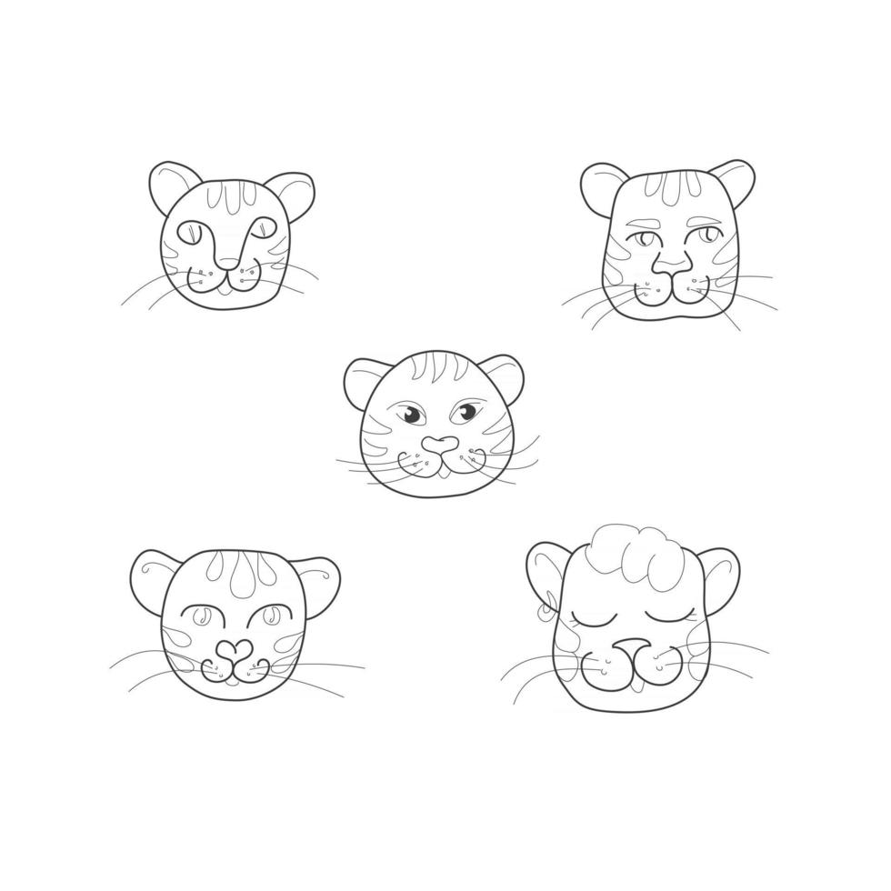 fünf verschiedene Gesichter eines Tigers, einer Katze im Stil von Strichzeichnungen vektor