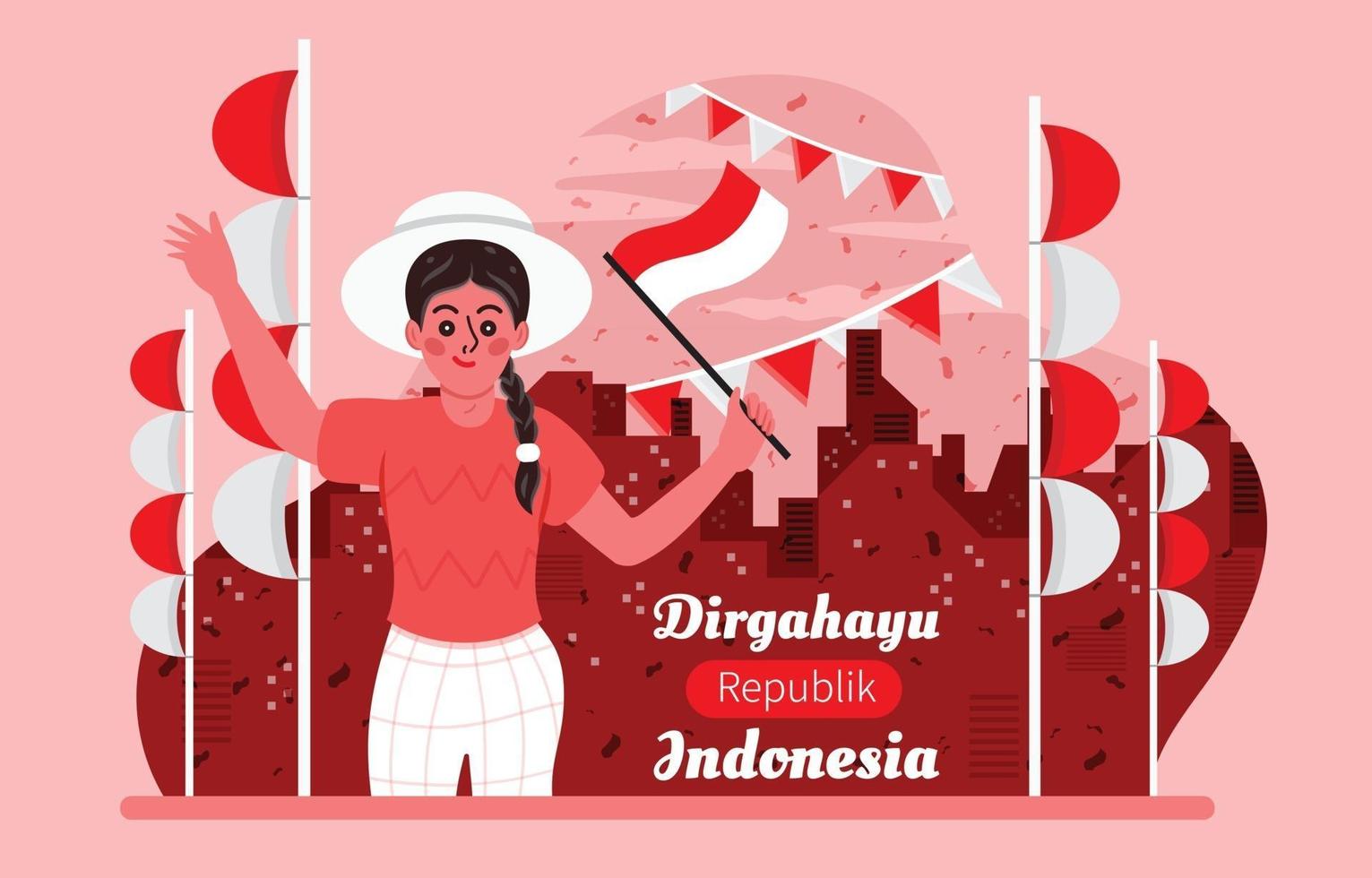 ung kvinna firar Indonesiens självständighetsdag vektor
