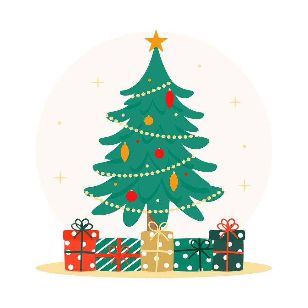 geschmückter Weihnachtsbaum und präsentiert flache Vektorillustration vektor