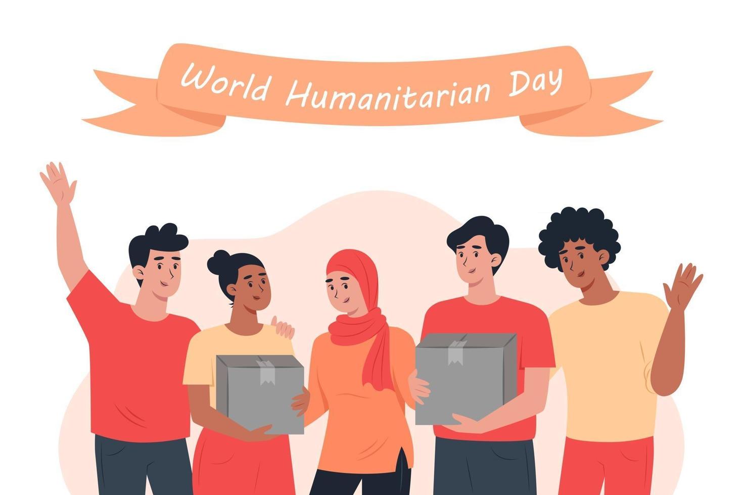 en humanitär värld, en grupp volontärer som håller en kartong vektor