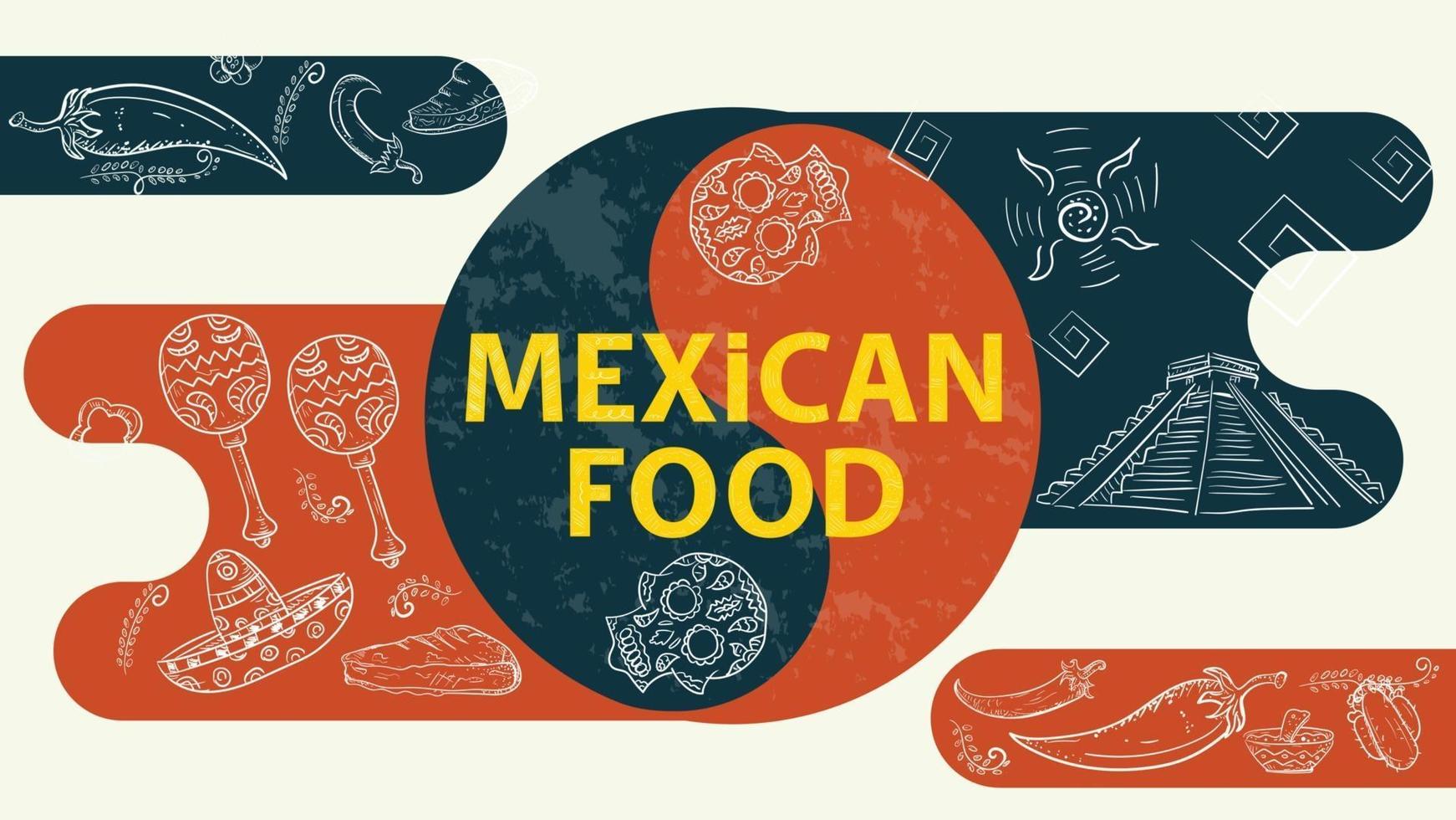 Illustrationsskizze für Design-Balance-Zeichen mit der Aufschrift mexikanisches Essen bemalte Schädel Pyramide von Indianern scharfe Chilischote vektor
