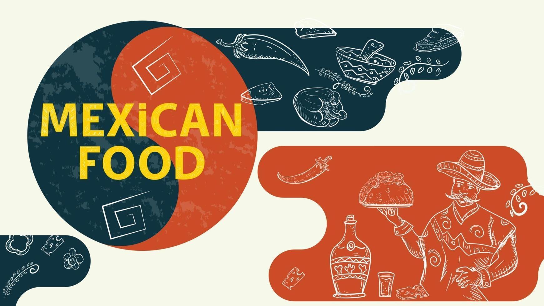 illustration skiss för design en balans skylt med inskriptionen mexikansk mat en man i en sombrero håller en taco tortilla på en bricka en flaska tequila chili peppar vektor