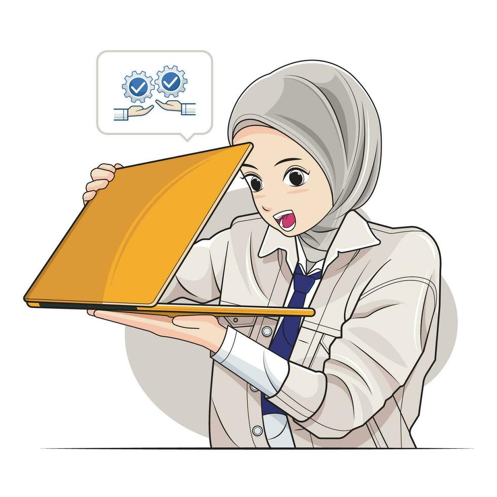 wenig Kind Muslim, Schule Mädchen ein Hijab Mädchen suchen verstohlen beim Hälfte geschlossen Laptop Bildschirm Vektor Illustration Profi herunterladen