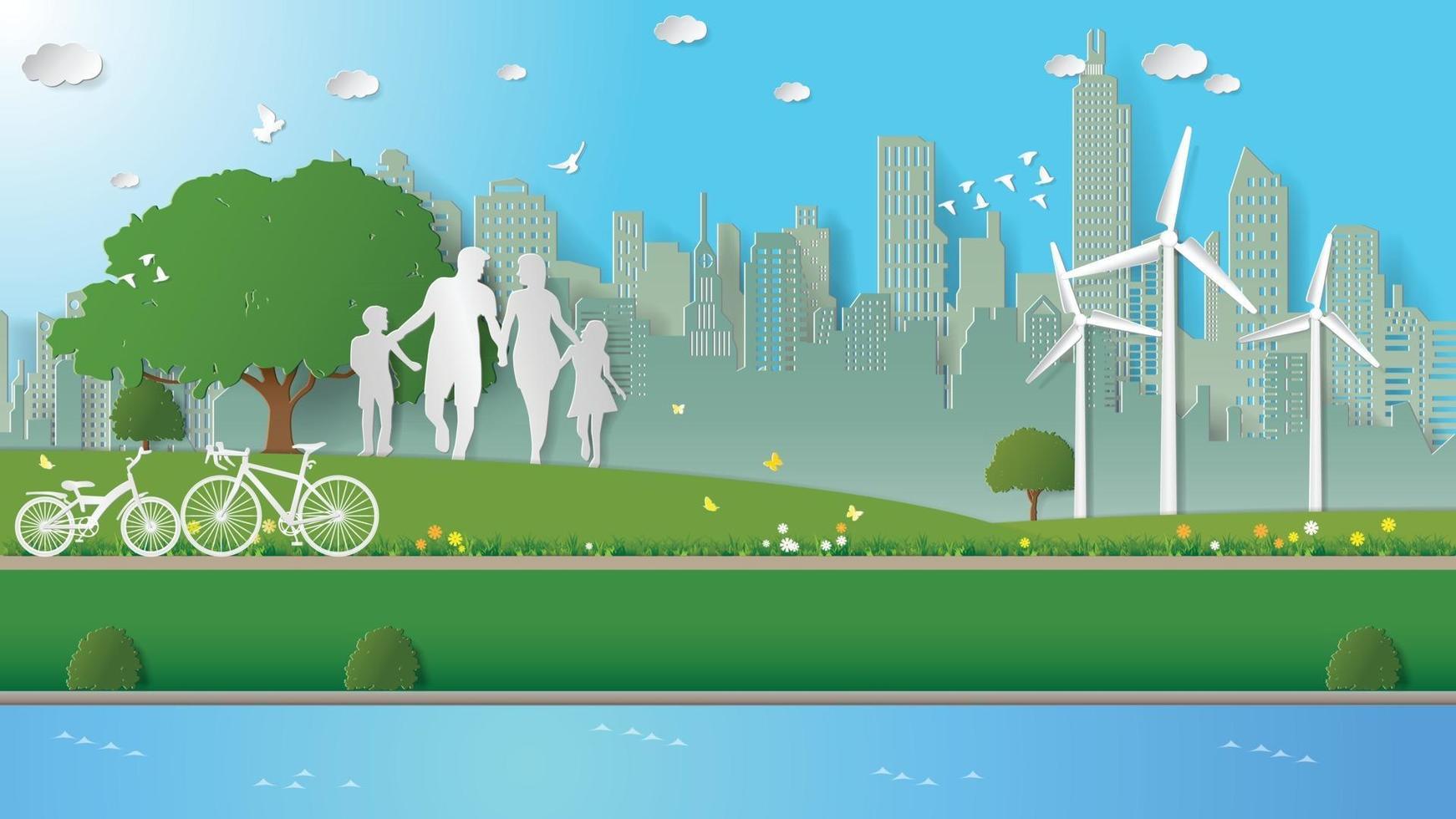 Papierfaltkunst Origami-Stil Vektor-Illustration erneuerbare Energie Ökologie nachhaltige Entwicklungstechnologie mit Menschenkonzepten, Familie geht im Park der grünen Stadt spazieren. vektor