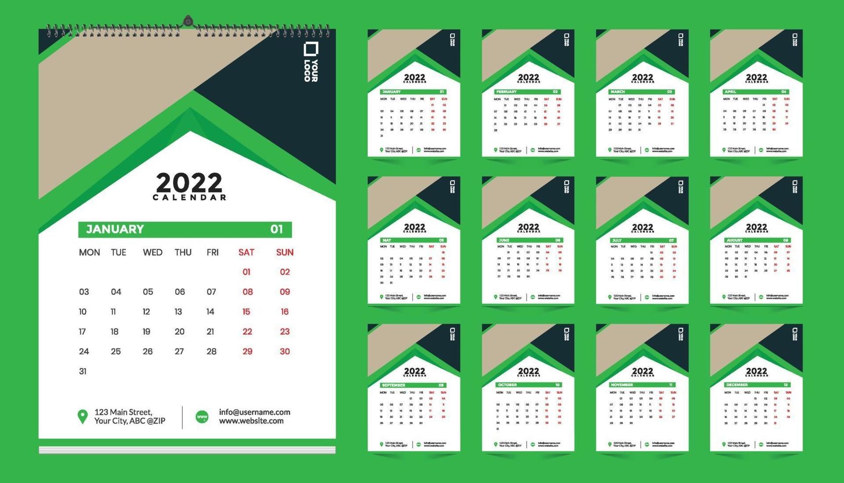 monatliches Wandkalender-Vorlagendesign für 2022, Jahr. Woche beginnt am Sonntag. Planer-Tagebuch mit Platz für Foto. vektor