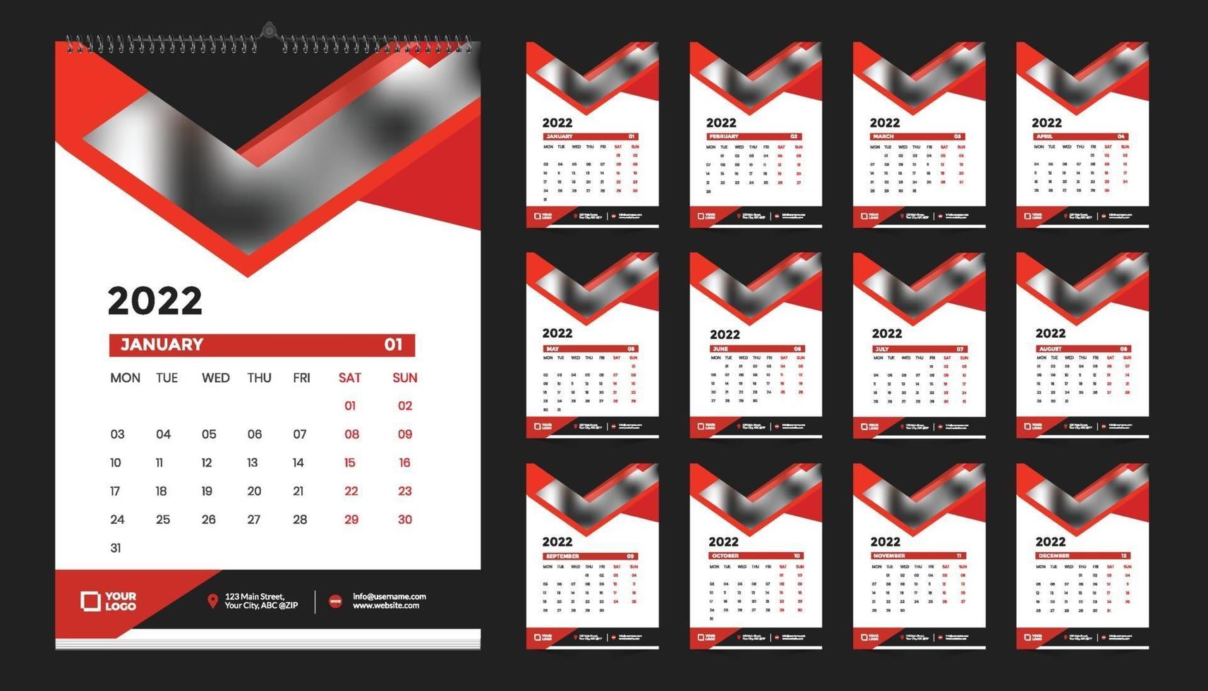 monatliches Wandkalender-Vorlagendesign für 2022, Jahr. Woche beginnt am Sonntag. Planer-Tagebuch mit Platz für Foto. vektor