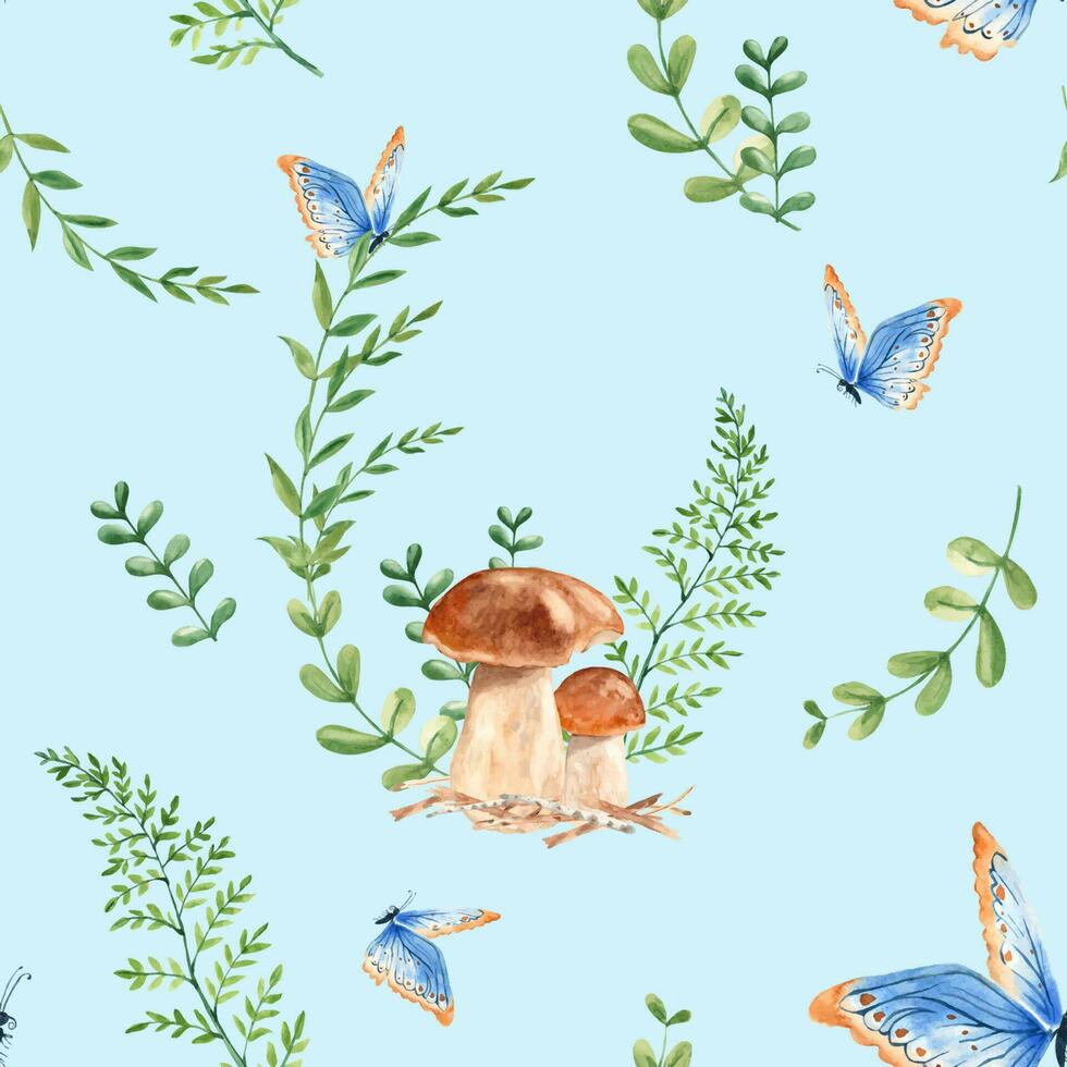nahtlos Aquarell Muster mit Steinpilz Pilze, Farn, Grün Geäst und Blau Schmetterling. botanisch Sommer- Hand gezeichnet Illustration auf Blau Hintergrund. können Sein benutzt zum Geschenk Verpackung Papier vektor