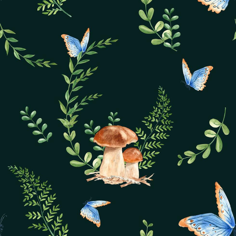 nahtlos Aquarell Muster mit Steinpilz Pilze, Farn, Grün Geäst und Blau Schmetterling. botanisch Sommer- Hand gezeichnet Illustration auf dunkel bue Hintergrund. können Sein benutzt zum Geschenk Verpackung Papier vektor