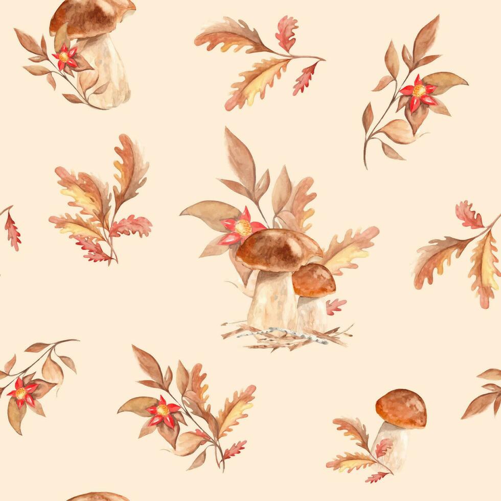 sömlös vattenfärg mönster med porcini svamp, ek löv och gren med röd blomma på beige bakgrund. botanisk sommar hand dragen illustration. kan vara Begagnade för gåva omslag papper vektor