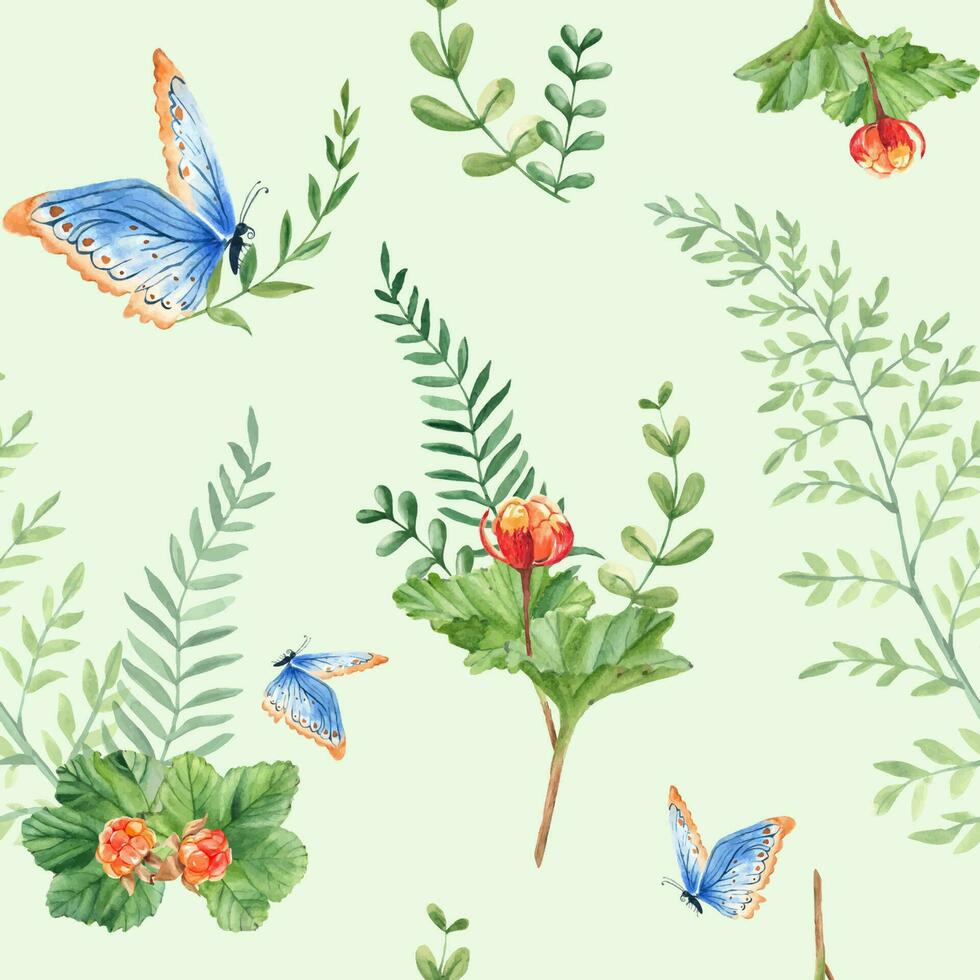 nahtlos Aquarell Muster mit Moltebeere Blätter und Beeren, Farn, Grün Geäst, Blau Schmetterling. botanisch Sommer- Hand gezeichnet Illustration auf Grün Hintergrund. können Sein benutzt zum Geschenk Verpackung Papier vektor