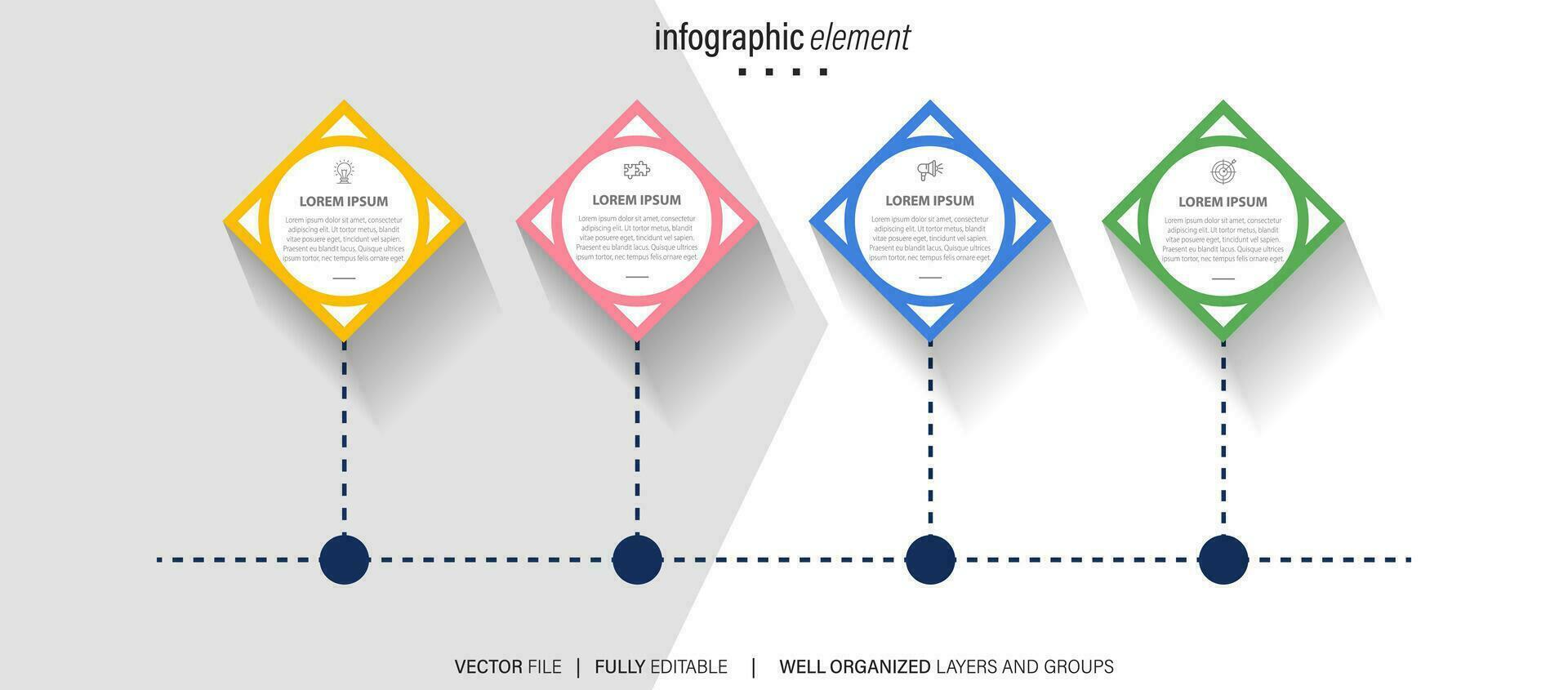 tidslinje infographic mall, företag begrepp med 4 alternativ, vektor illustration.