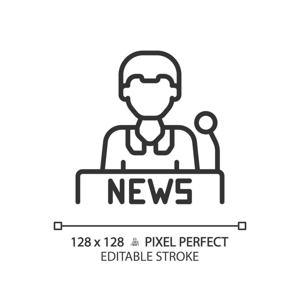 2d pixel perfekt redigerbar newscaster svart ikon, isolerat vektor, tunn linje illustration representerar journalistik. vektor