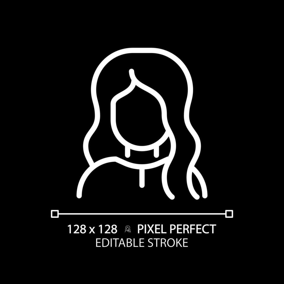 2d pixel perfekt redigerbar kvinna med vågig frisyr vit ikon, isolerat vektor, hårvård tunn linje enkel illustration. vektor