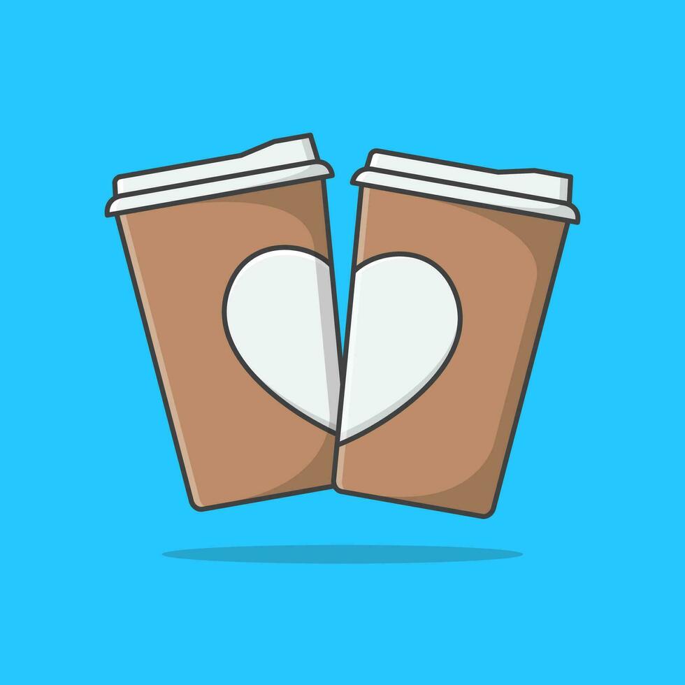 två papper kopp av kaffe med hjärta vektor ikon illustration. kaffe platt ikon