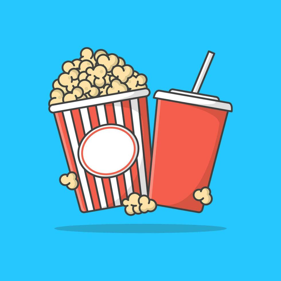 popcorn randig hink med kopp av soda vektor ikon illustration. bio film platt ikon