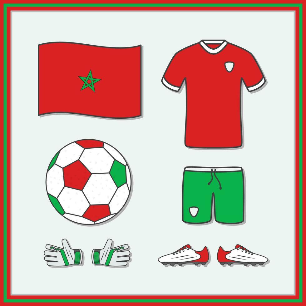 Marokko Fußball Karikatur Vektor Illustration. Fußball Jersey und Fußball Ball eben Symbol Gliederung