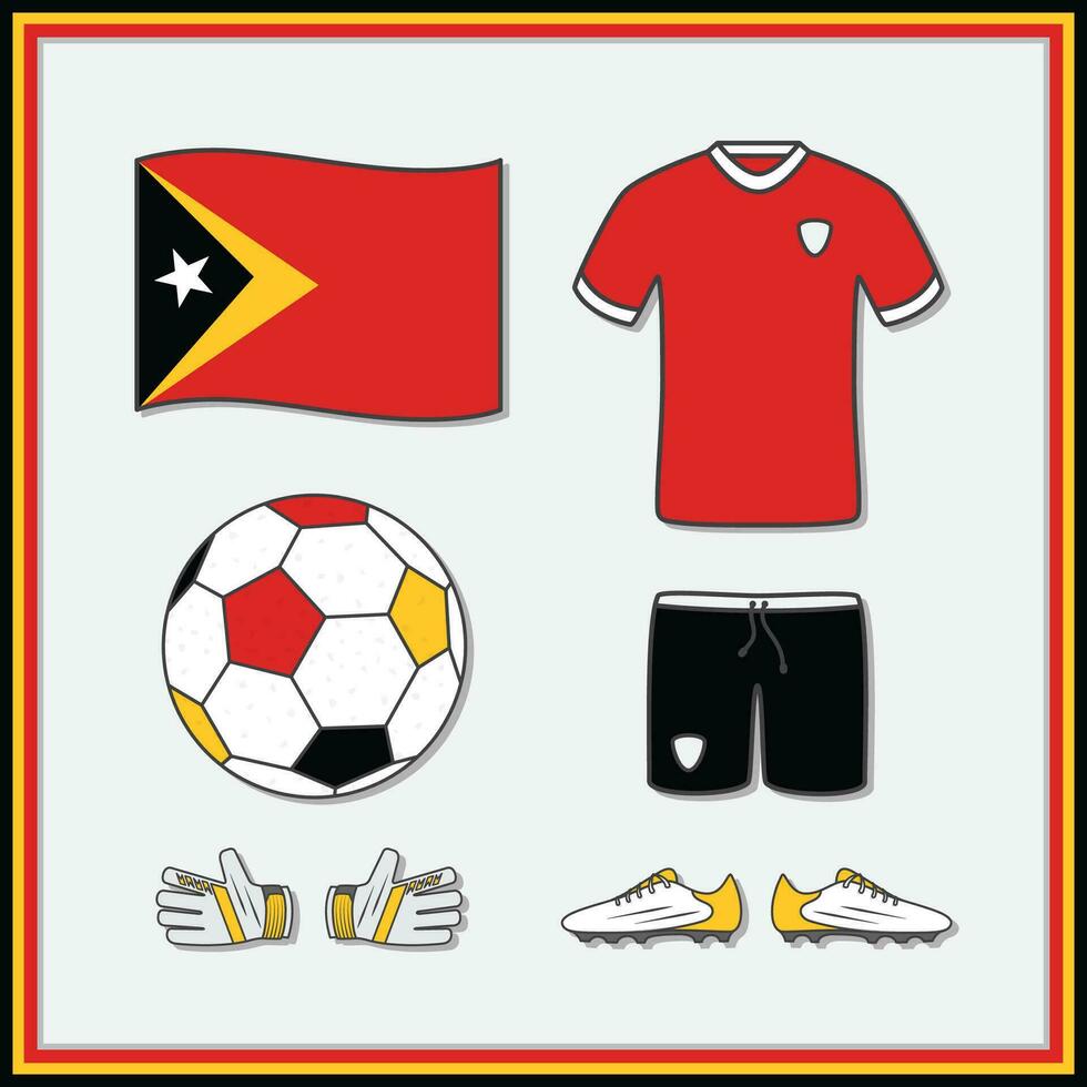 Osten Timor Fußball Karikatur Vektor Illustration. Fußball Trikots und Fußball Ball eben Symbol Gliederung