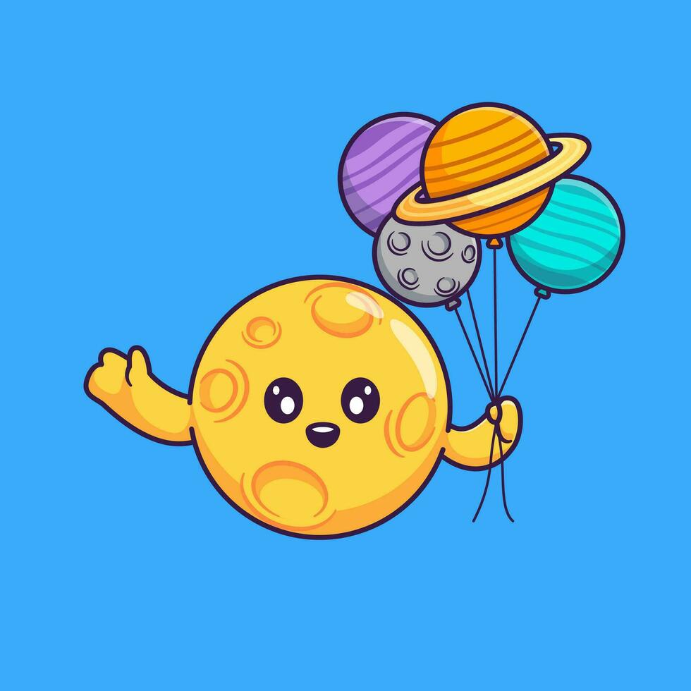 söt måne innehav planet ballong tecknad serie vektor ikon illustration. vetenskap natur ikon begrepp isolerat premie vektor. platt tecknad serie stil