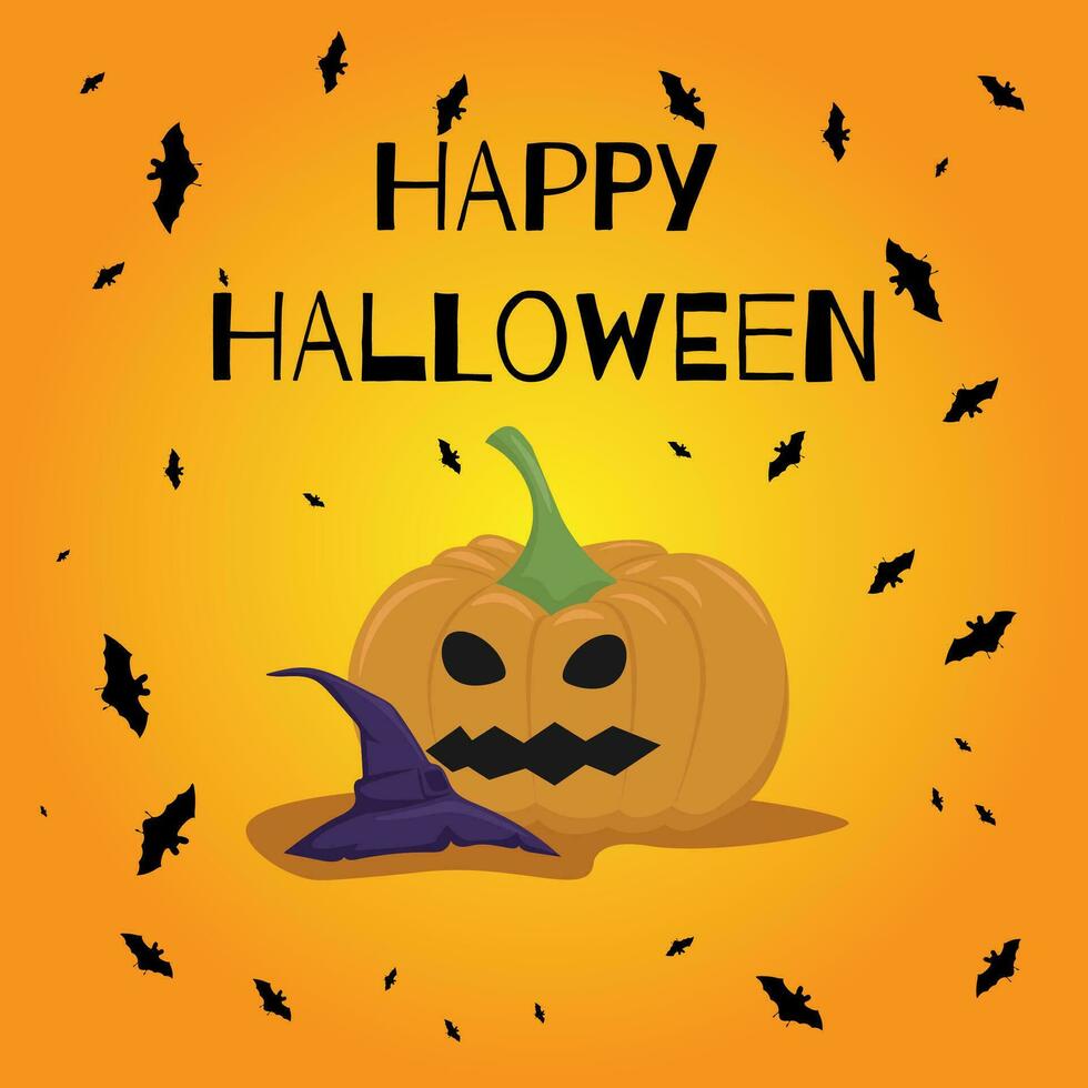 de vektor illustration av Lycklig halloween kan vara Begagnade som en baner eller en hälsning kort. pumpa, fladdermöss, och en häxa hatt på ett orange bakgrund.