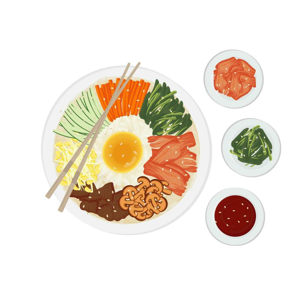 koreanska mat illustration logotyp kryddad bimbimbap med ytterligare sida maträtter vektor