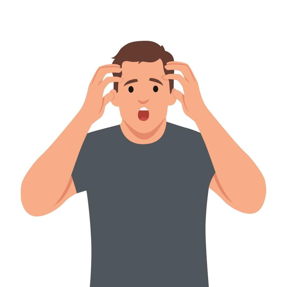 chockade eller förvånad ung företag man innehav händer på huvud och förvaring mun öppna. huvudvärk smärta eller påfrestning. vektor