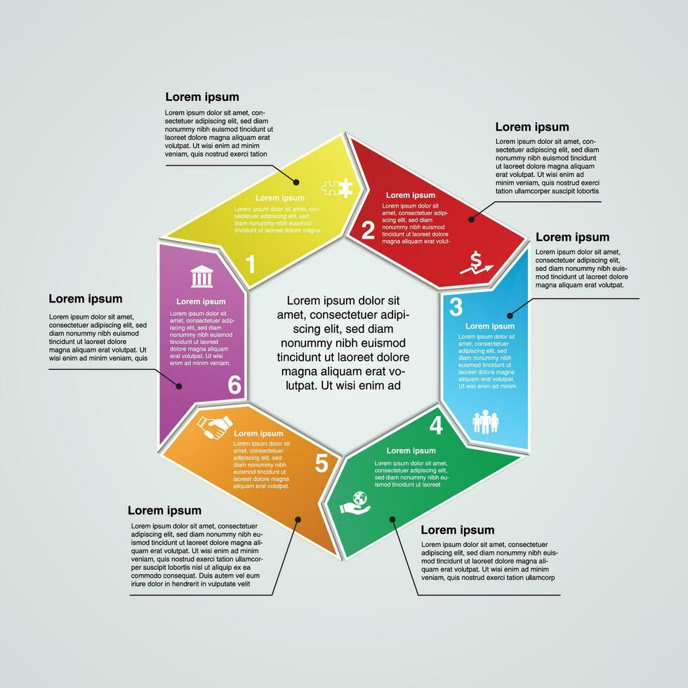 Hexagon Infografik mit sechs Schritte mit anders Farben können Sein benutzt zum Arbeitsablauf Layout, Diagramm, Geschäft Schritt Optionen, Banner, Netz Design vektor