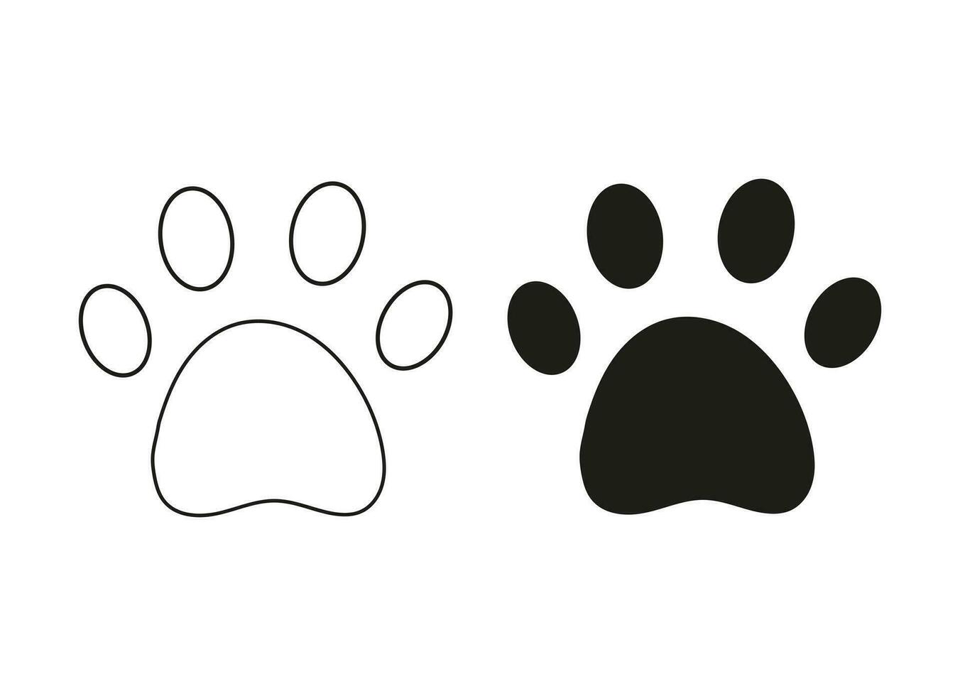 Katze Pfote Fußabdruck, schwarz Silhouette, Umriss. Vektor isoliert auf Weiß. Spuren von Tiger, Löwe, Leopard, Gepard, Jaguar, Puma, Puma, Luchs, Serval, Karakal, Ozelot. Symbol, Kleidung, Textil, Haustier Geschäft