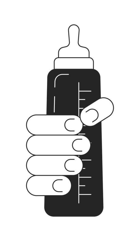 Fütterung Flasche im Hand eben einfarbig isoliert Vektor Objekt. Milch Container mit Schnuller. Neugeborene Lebensmittel. editierbar schwarz und Weiß Linie Kunst Zeichnung. einfach Gliederung Stelle Illustration zum Netz Design