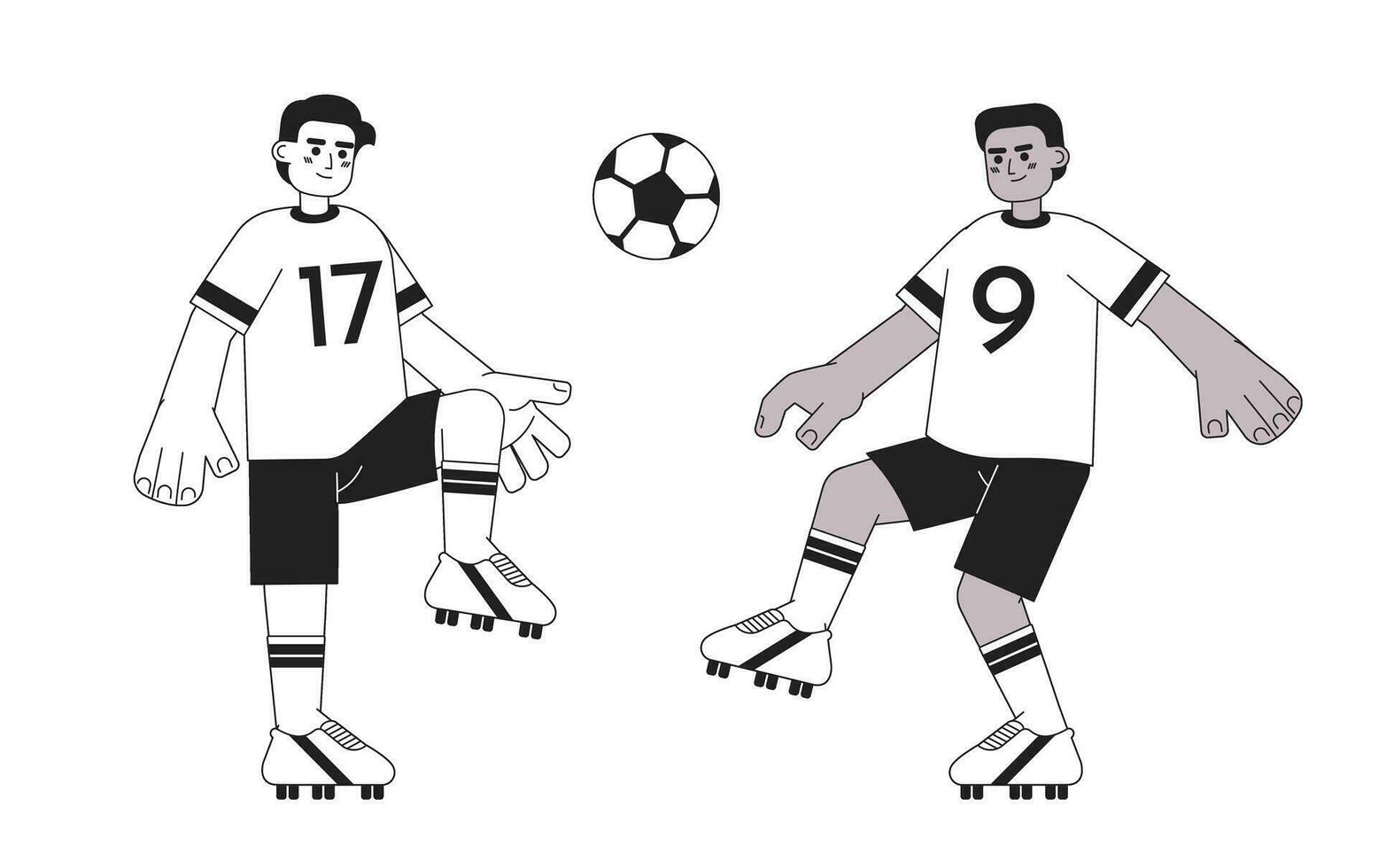 fotboll spelare sparkar boll svartvit begrepp vektor fläck illustration. fotboll team. spel 2d platt bw tecknad serie tecken för webb ui design. mästerskap isolerat redigerbar hand dragen hjälte bild