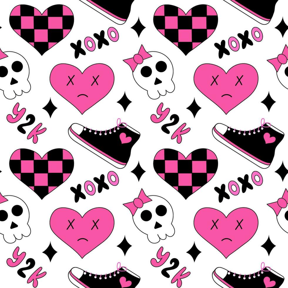 sömlös mönster med emo element. y2k stil. hjärtan i schackbräde, puss och kram, sneakers, skallar. svart och rosa. vektor platt illustration.