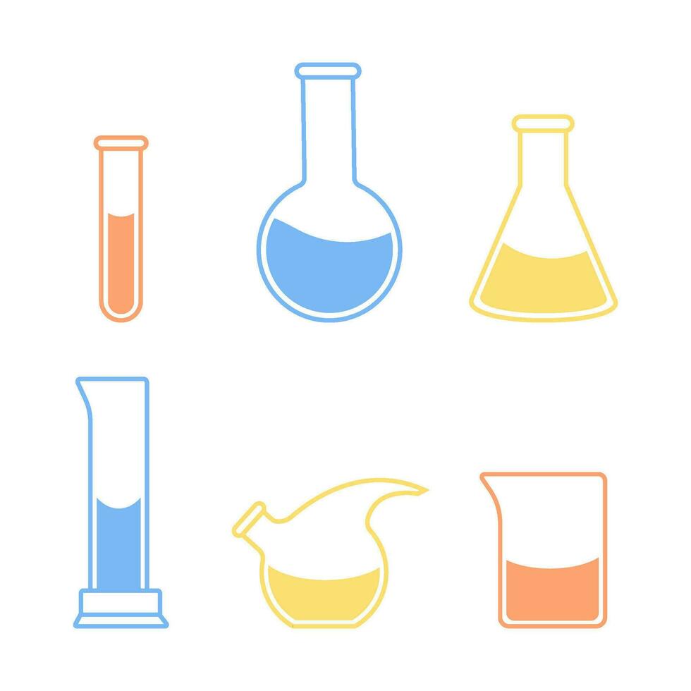 runda och plattbottnad flaskor, testa rör med lösningar och reagens. kemisk reaktion. illustration på de ämne av kemi, bioteknik, biologi. vektor
