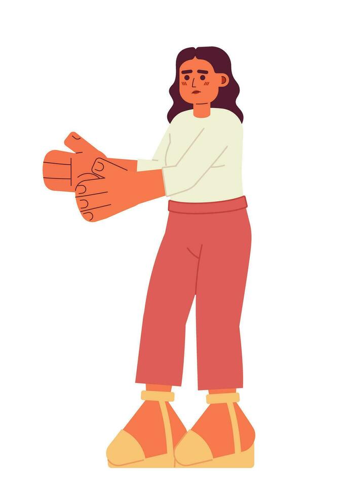 latinamerikan kvinna stående semi platt Färg vektor karaktär. pinne hand upp. redigerbar full kropp person på vit. enkel tecknad serie fläck illustration för webb grafisk design